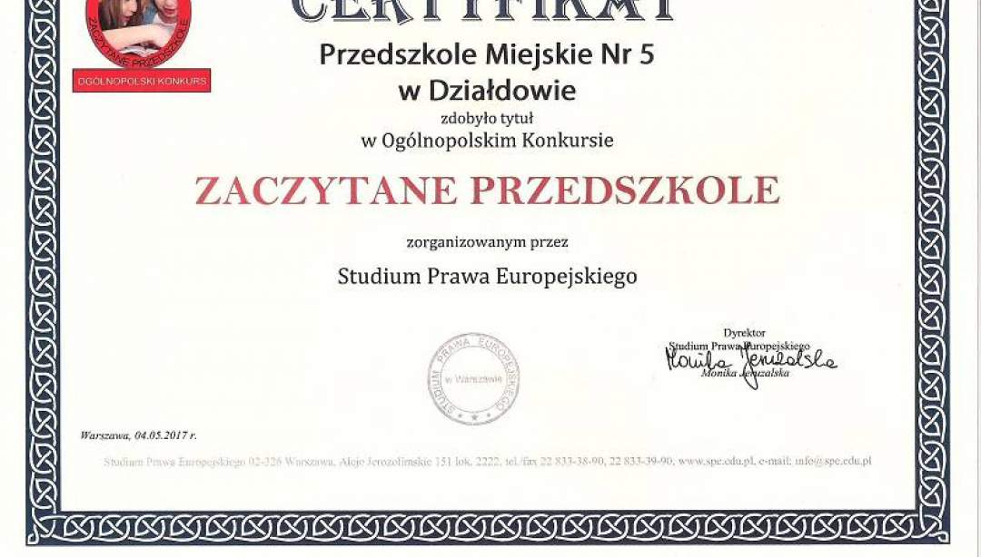 Przedszkole Miejskie nr 5 w Działdowie otrzymało certyfikat „Zaczytane przedszkole” (fot. EC).